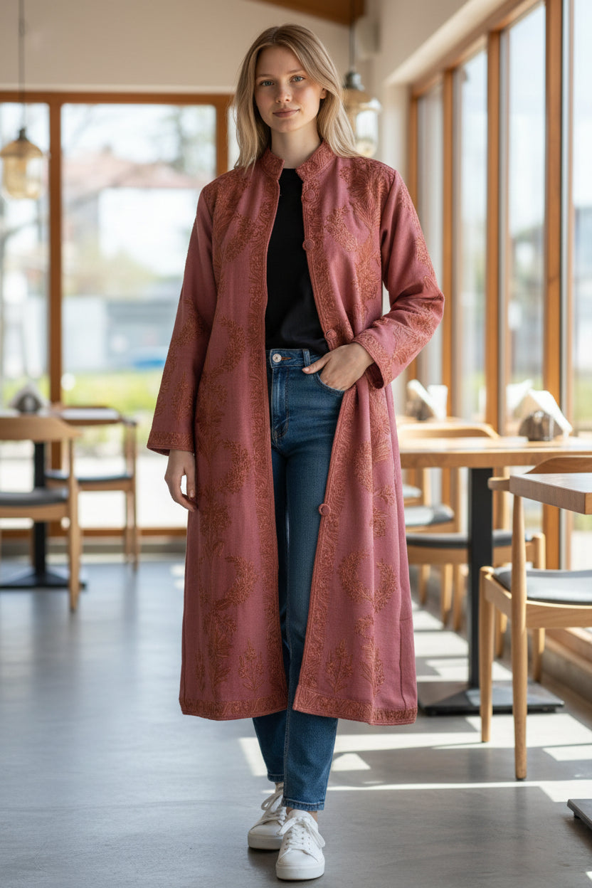 Women’s Woolen Long Coat – Elegant Winter Wear - Pink