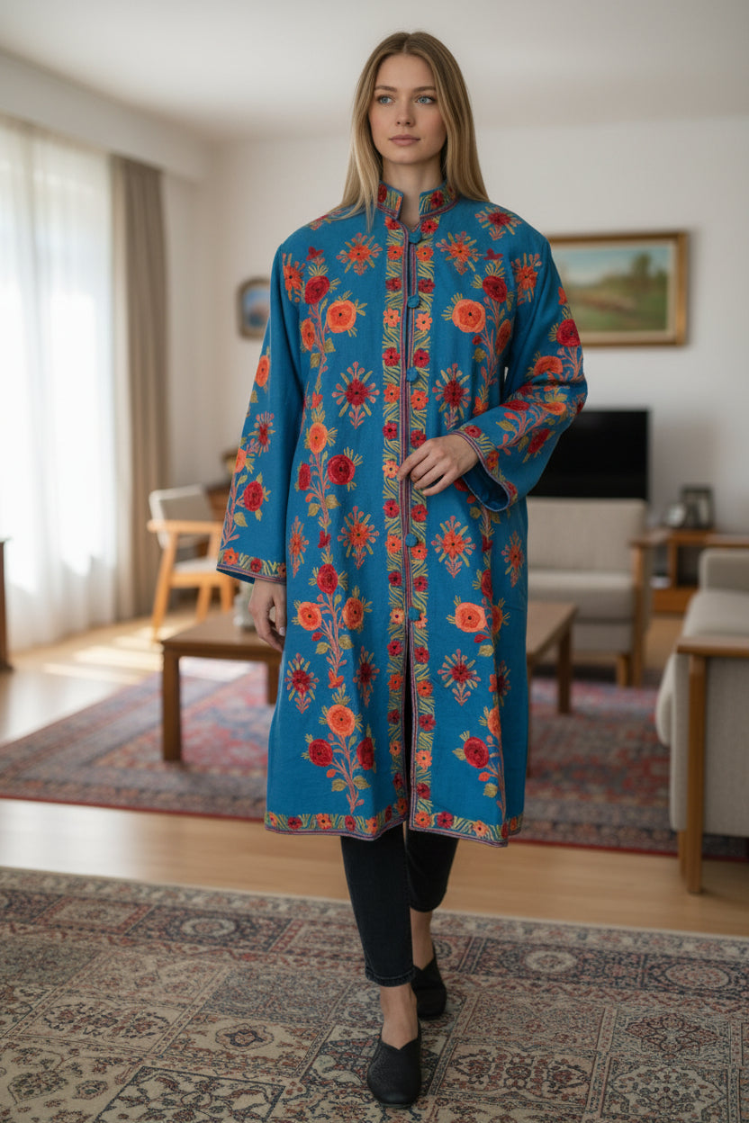 Women’s Woolen Long Coat – Elegant Winter Wear - Turquoise