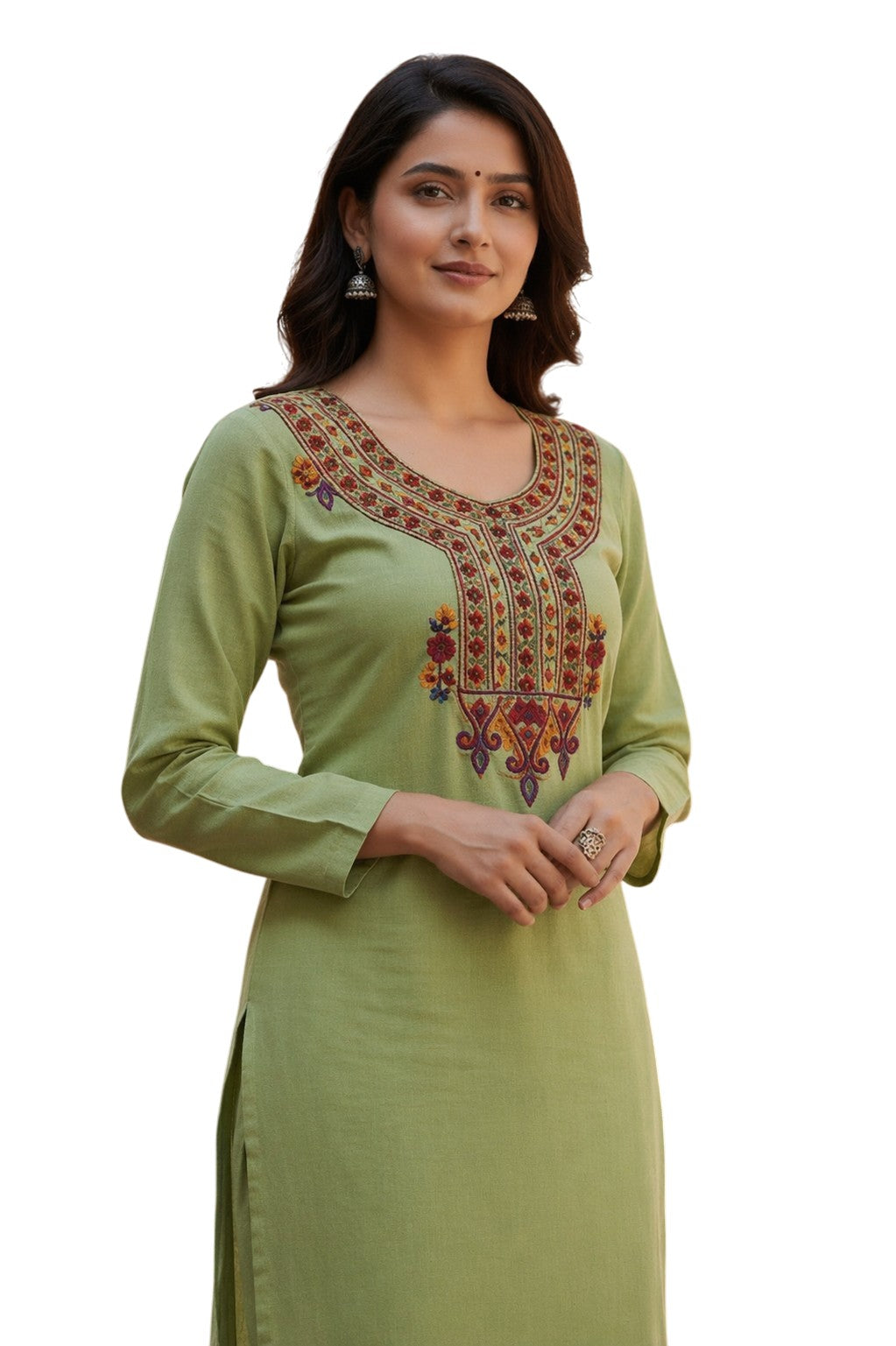 Women Cotton Suits with Kashmiri Hand Embroidery Two Piece Suit - Green