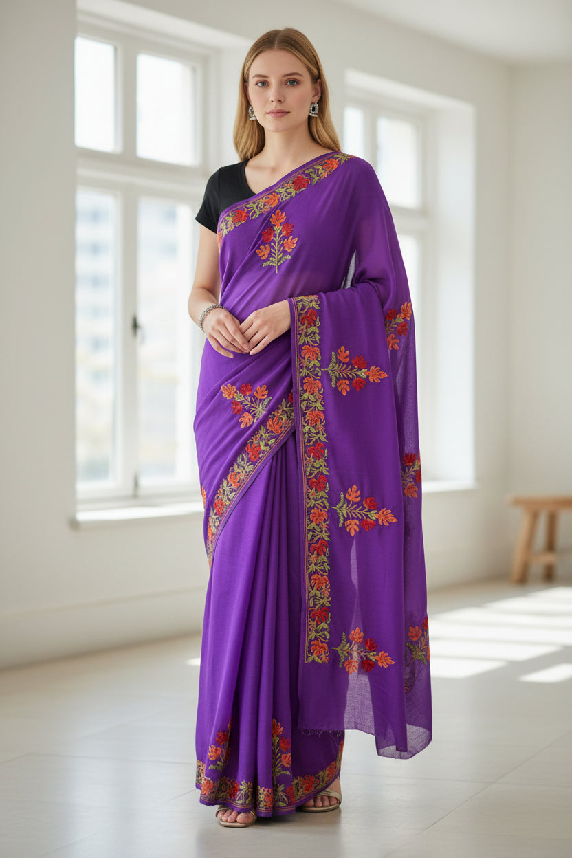 Women's Georgette Sarees Embroidered with Kashmiri Aari work - Purple