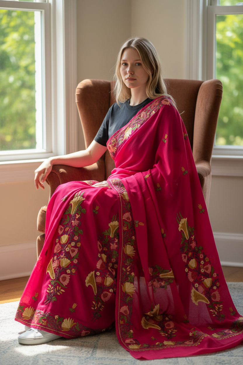 Women's Georgette Sarees Embroidered with Kashmiri Aari work - Red