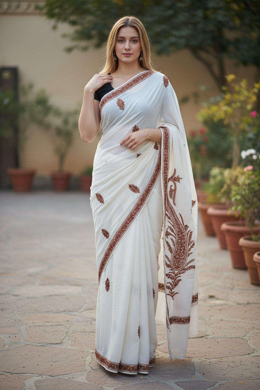 Women's Georgette Sarees Embroidered with Kashmiri Aari work - White