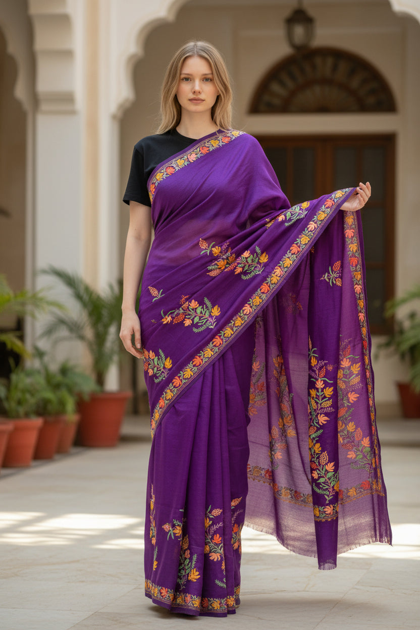 Women's Silk Sarees Embroidered with Kashmiri Aari work -Purple