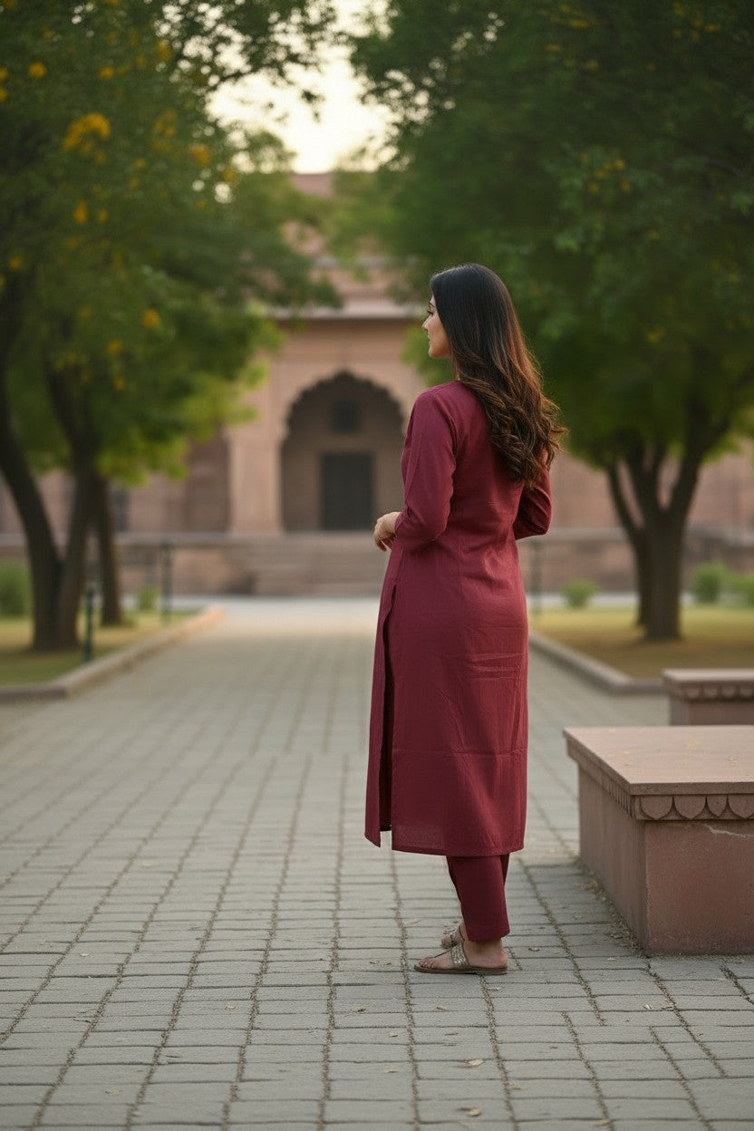 Women Cotton Suits with Kashmiri Hand Embroidery Two Piece Suit - Brown