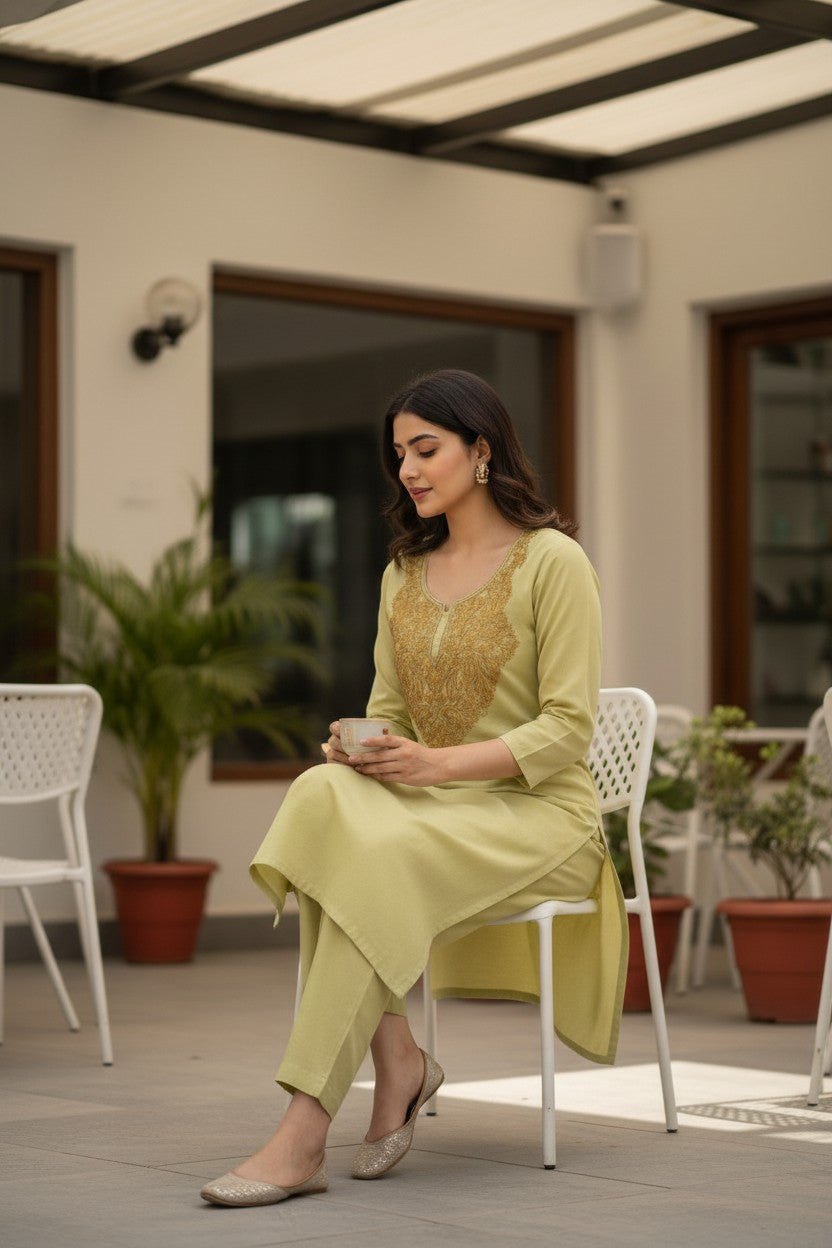 Women Cotton Suits with Kashmiri Hand Embroidery Two Piece Suit - Olive Green