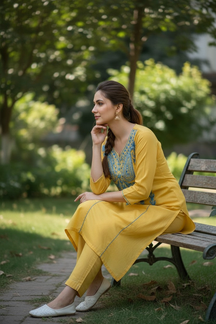Women Cotton Suits with Kashmiri Hand Embroidery Two Piece Suit - Yellow2