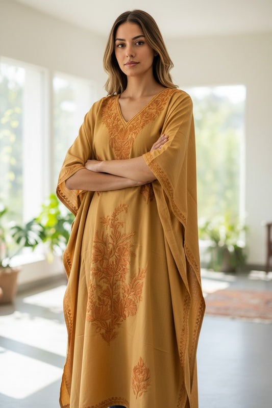 Cotton Kaftan with Kashmiri Aari Embroidery โ Hand Embroidered Kashmiri Kaftan Dress for Women - Beige2