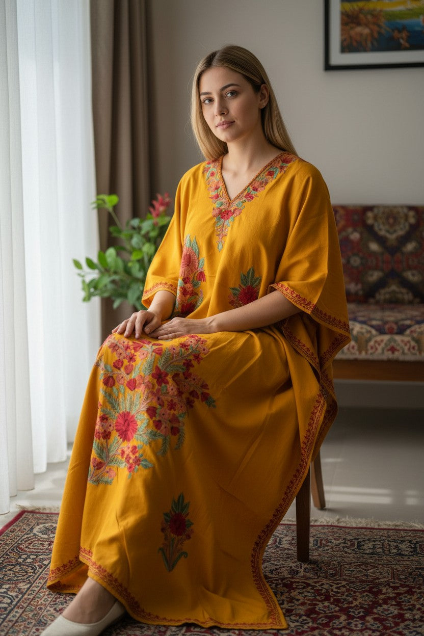 Cotton Kaftan with Kashmiri Aari Embroidery – Hand Embroidered Kashmiri Kaftan Dress for Women - Mustard