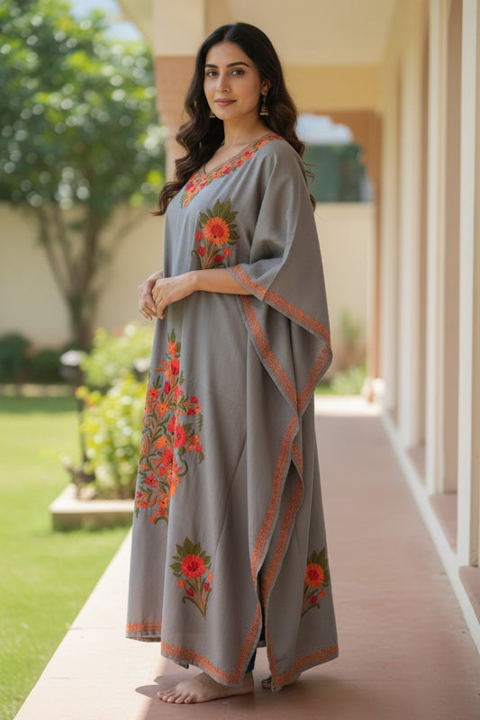 Cotton Kaftan with Kashmiri Aari Embroidery โ Hand Embroidered Kashmiri Kaftan Dress for Women - Light Blue