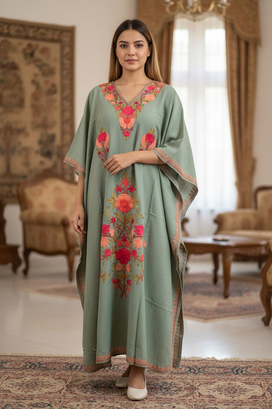 Cotton Kaftan with Kashmiri Aari Embroidery โ Hand Embroidered Kashmiri Kaftan Dress for Women - Light Blue - Sea Green
