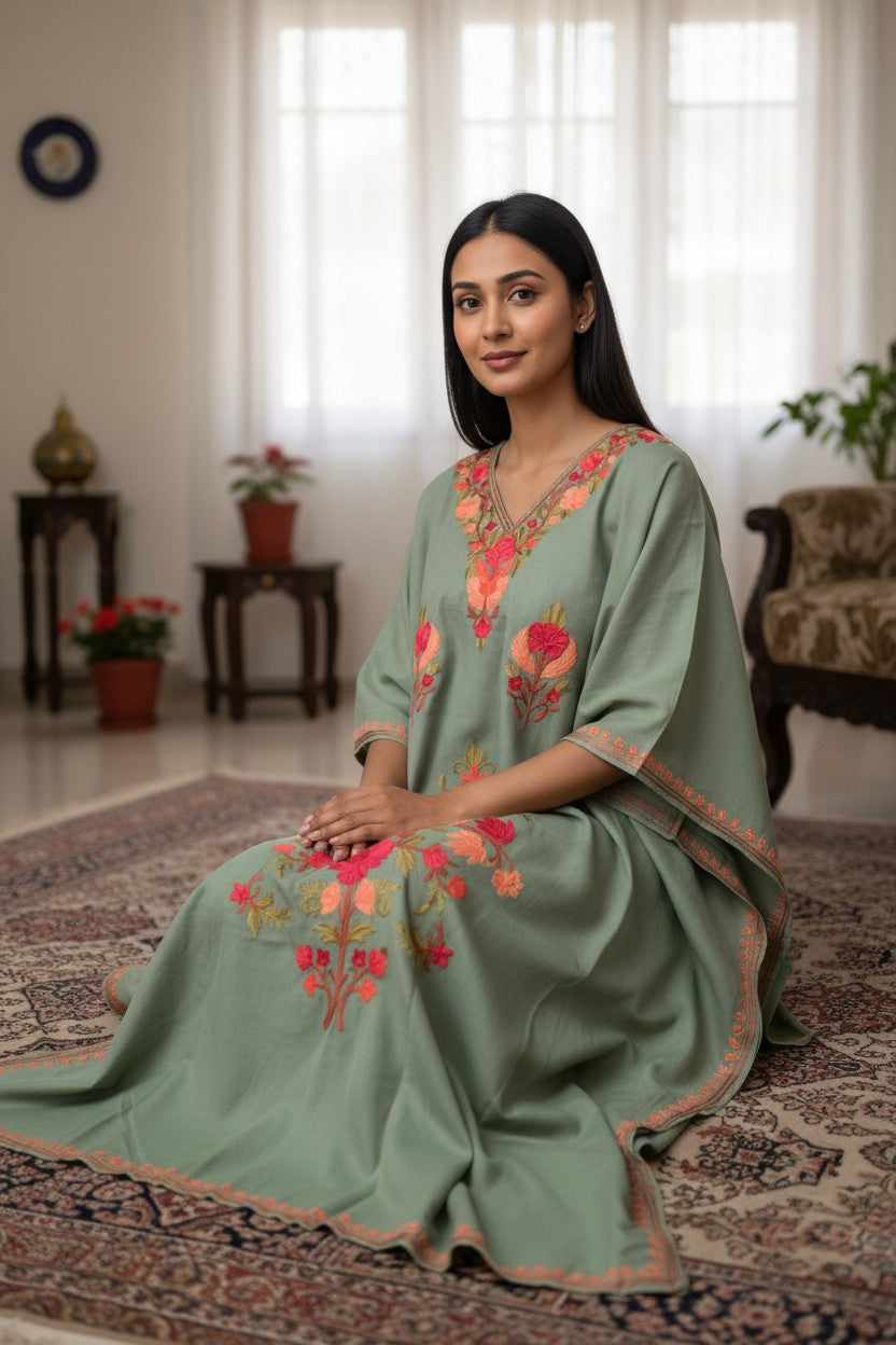 Cotton Kaftan with Kashmiri Aari Embroidery – Hand Embroidered Kashmiri Kaftan Dress for Women - Light Blue - Sea Green