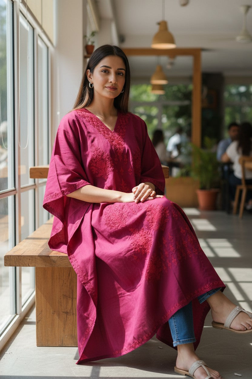 Cotton Kaftan with Kashmiri Aari Embroidery – Hand Embroidered Kashmiri Kaftan Dress for Women - Light Blue - Red