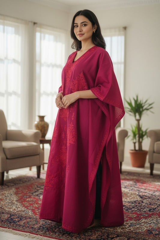 Cotton Kaftan with Kashmiri Aari Embroidery โ Hand Embroidered Kashmiri Kaftan Dress for Women - Light Blue - Red