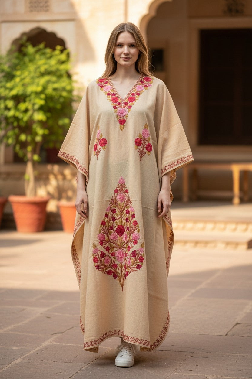 Cotton Kaftan with Kashmiri Aari Embroidery – Hand Embroidered Kashmiri Kaftan Dress for Women