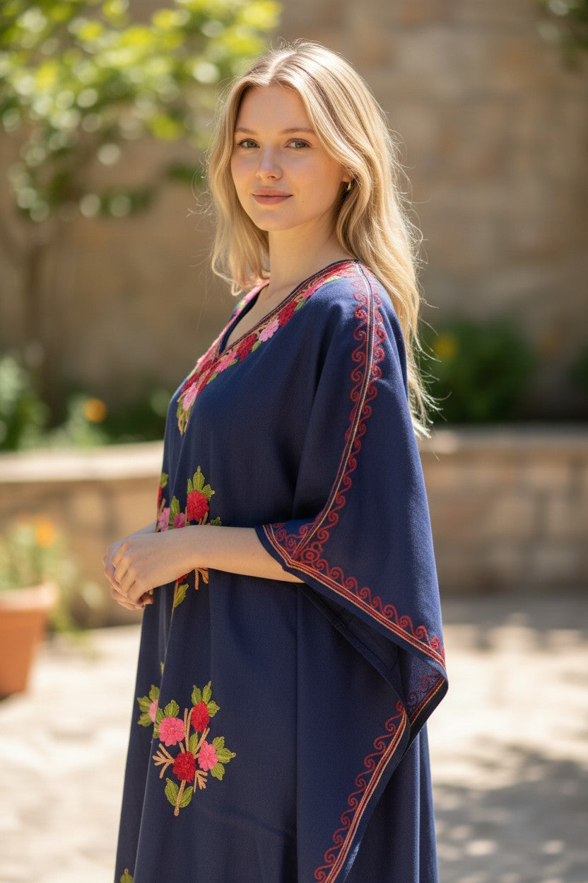 Women Cotton Kaftan | Kashmiri Aari Embroidery Ethnic Kaftan Dress | Soft Breathable Loose Fit Summer Kaftan Kurti - Blue