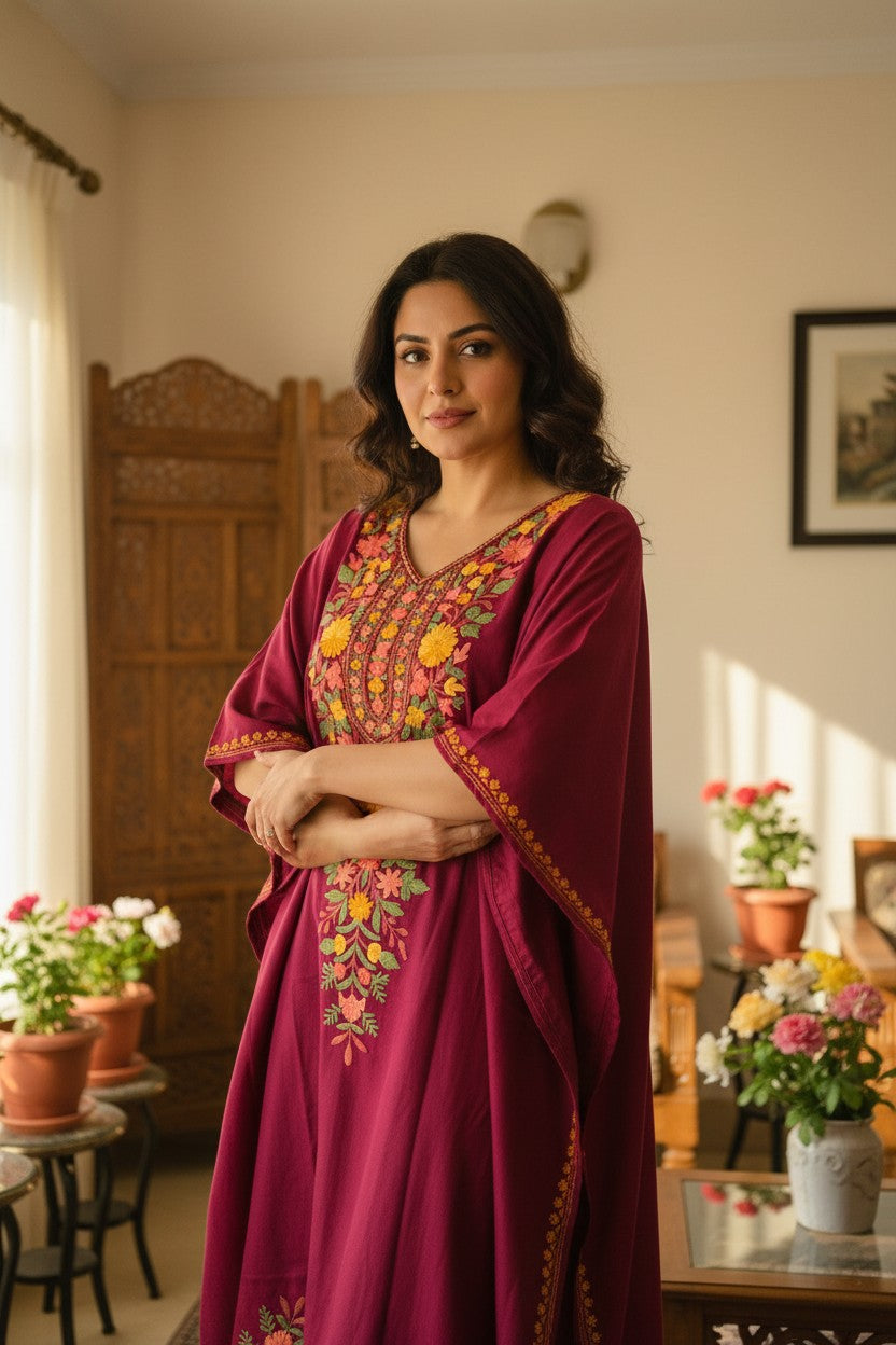 Cotton Kaftan with Kashmiri Aari Embroidery – Hand Embroidered Kashmiri Kaftan Dress for Women - Tomato Red