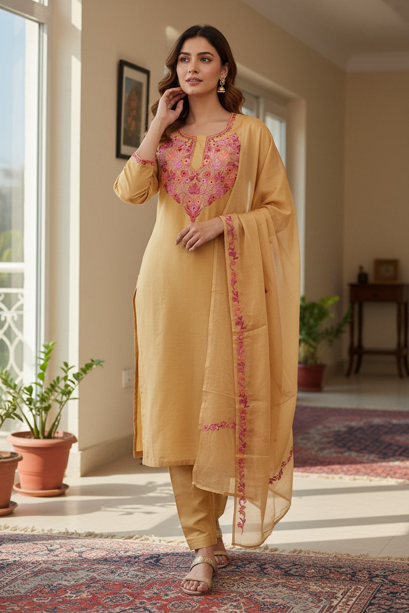 Women Silk Suits with Kashmiri Embroidery Three Piece Suit- Beige
