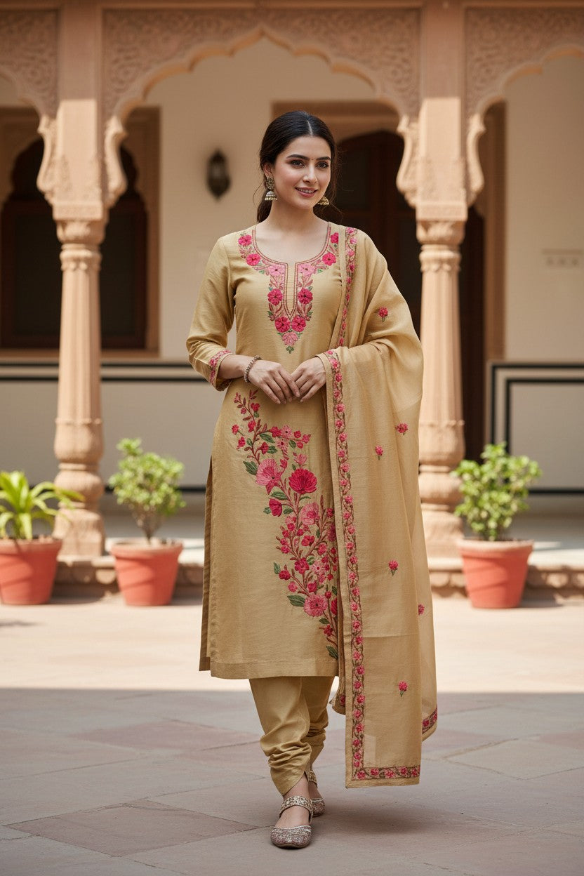 Women Silk Suits with Kashmiri Embroidery Three Piece Suit- Beige