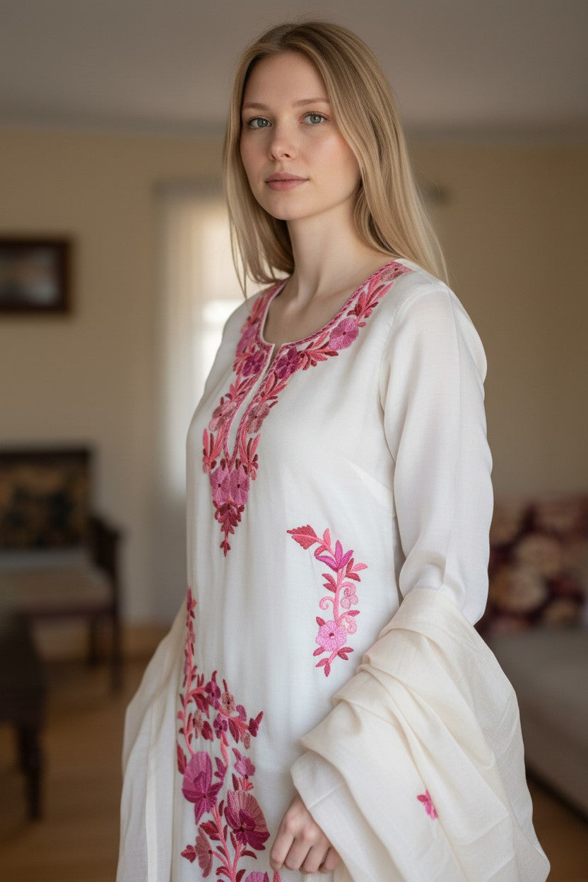 Women Silk Suits with Kashmiri Embroidery Three Piece Suit- Creamy OffWhite