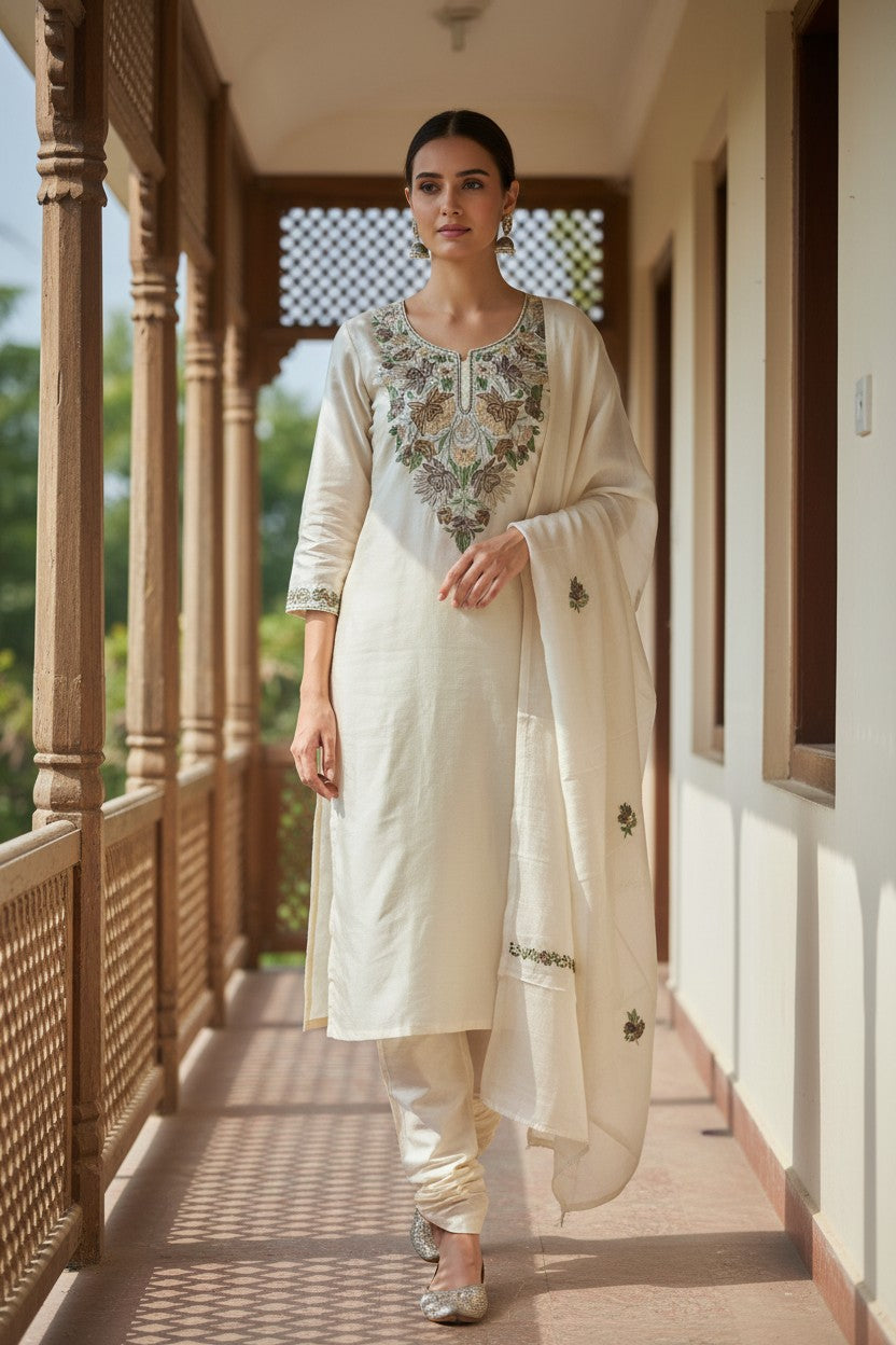 Women Silk Suits with Kashmiri Embroidery Three Piece Suit- Soft Ivory