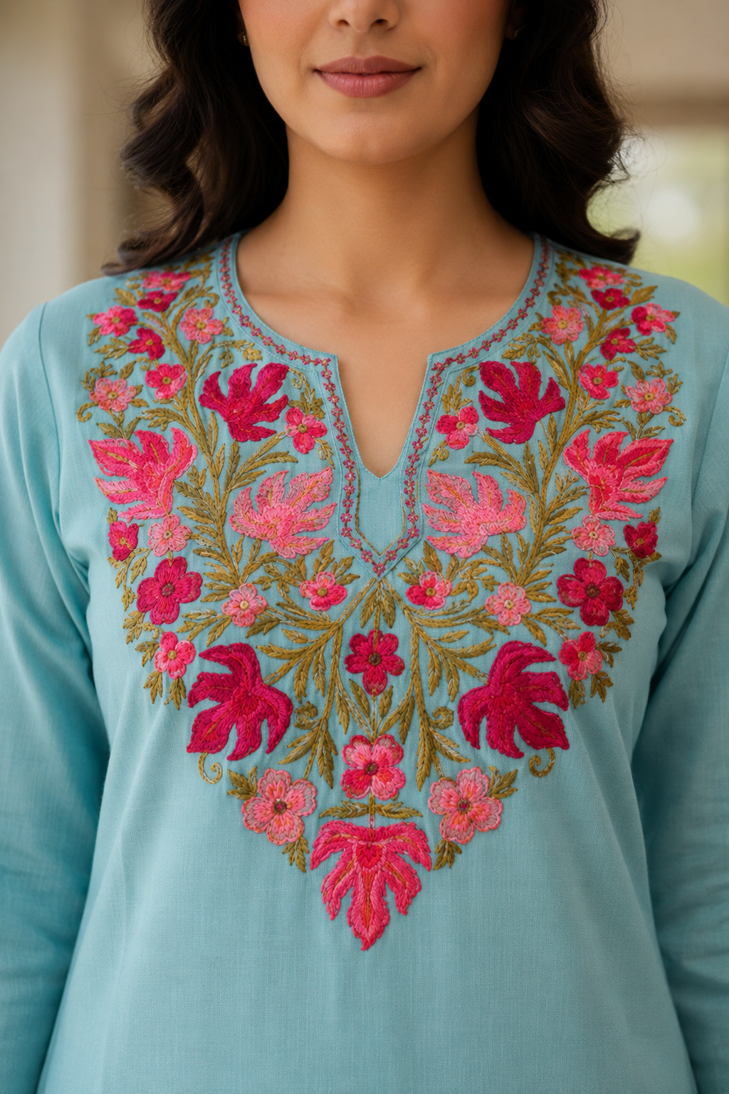 Kashmiri Kurti for Women Cotton Kurti with Embroidery - Small | Sky Blue