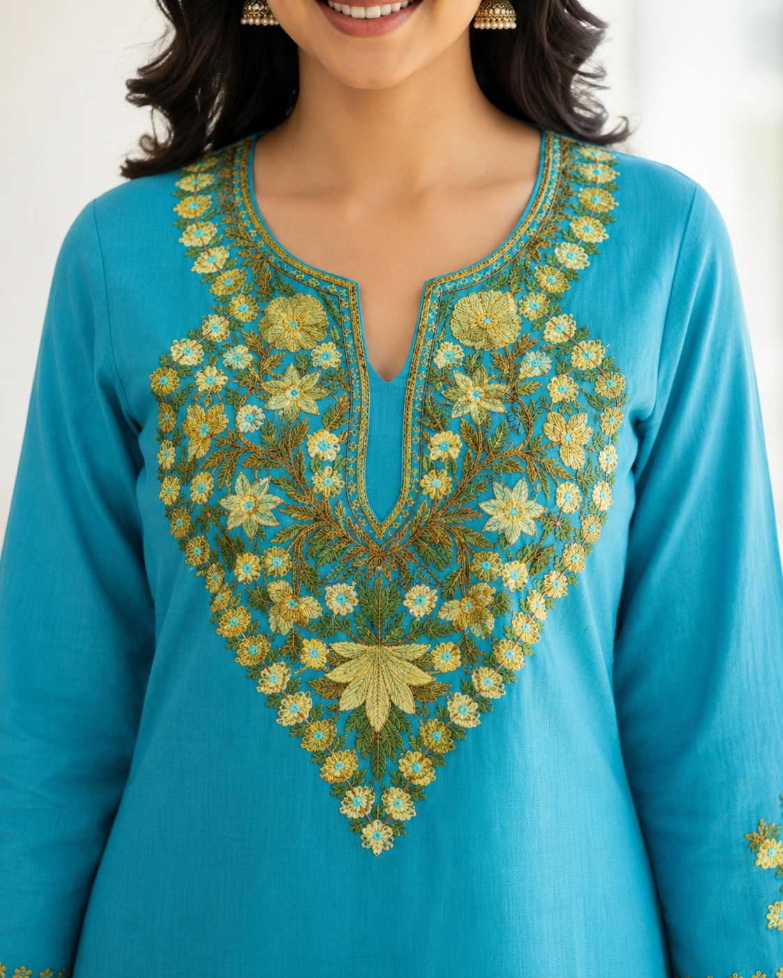 Kashmiri Kurti for Women Cotton Kurti with Embroidery - XS | Sky Blue
