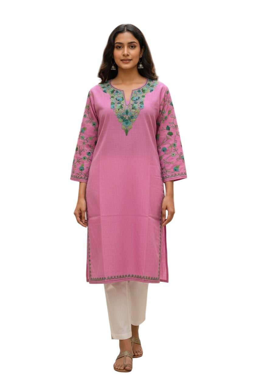 Kashmiri Kurti for Women Cotton Kurti with Embroidery - Light Pnk