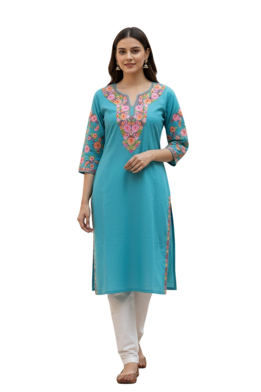 Kashmiri Kurti for Women Cotton Kurti with Embroidery - Sky Blue