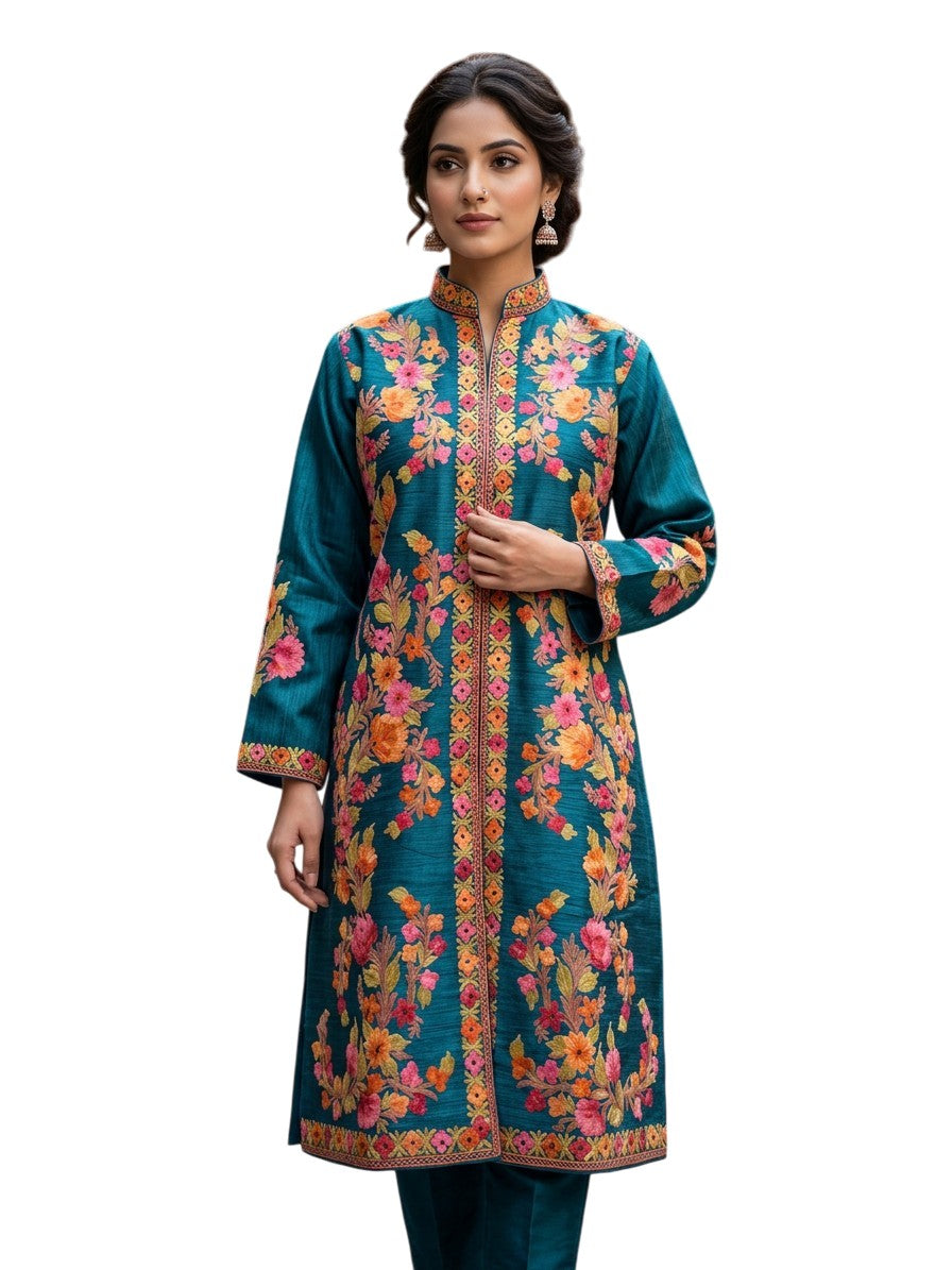 Women’s Silk Jackets with Kashmiri Aari Embroidery - L | Blue
