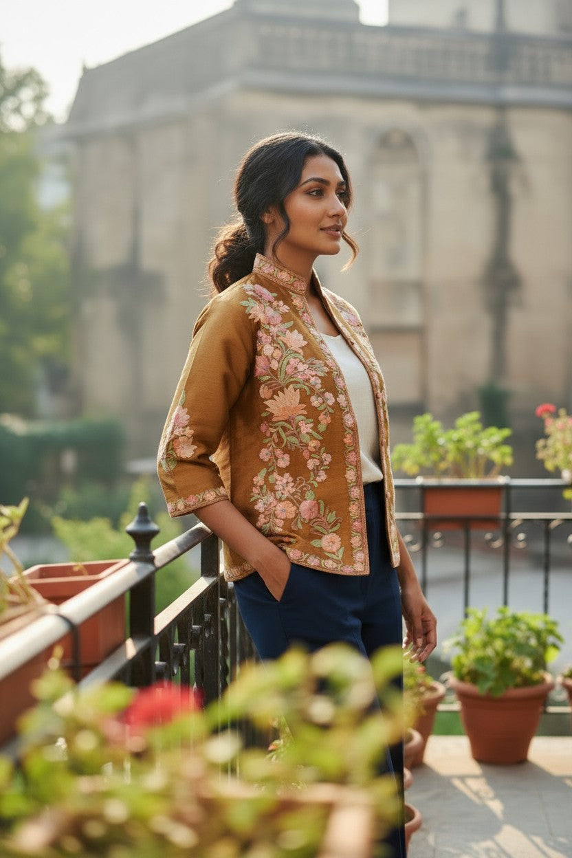 Kashmiri Short Silk Jacket For Women with Aari Embroidery - XL | Mustard