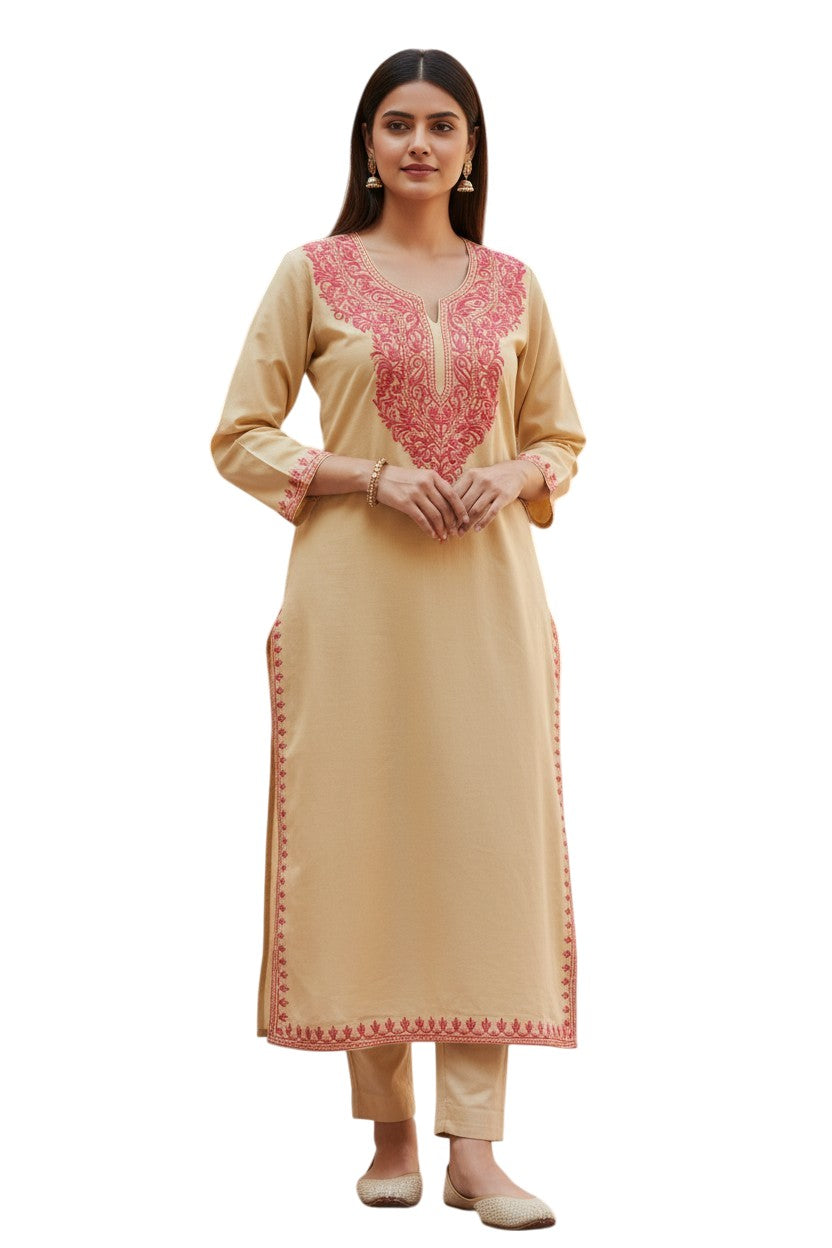 Kashmiri Kurti for Women Cotton Kurti with Embroidery - M | Beige-3