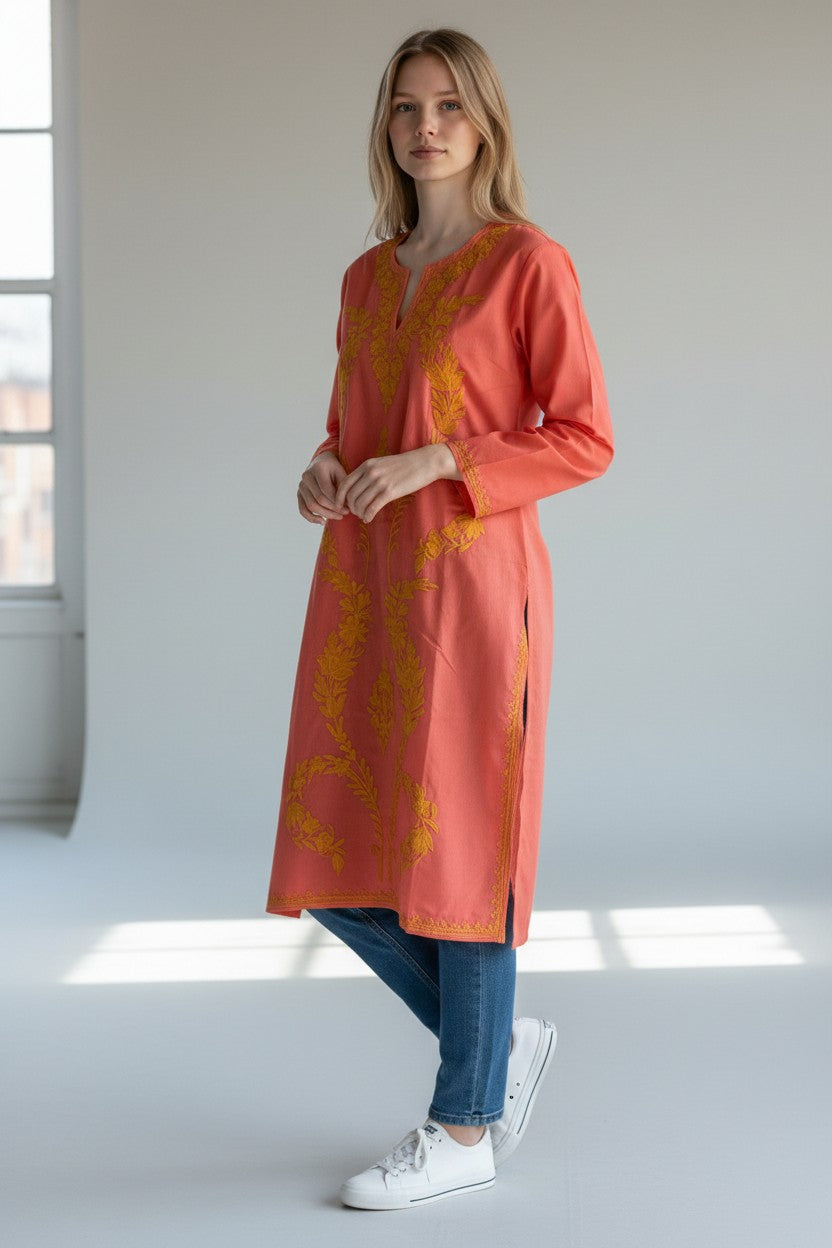Kashmiri Kurti for Women Cotton Kurti with Embroidery - S | Light Pink