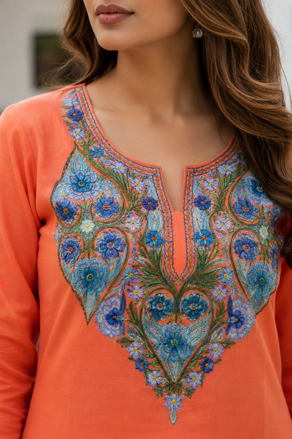 Kashmiri Kurti for Women Cotton Kurti with Embroidery - S | Orange