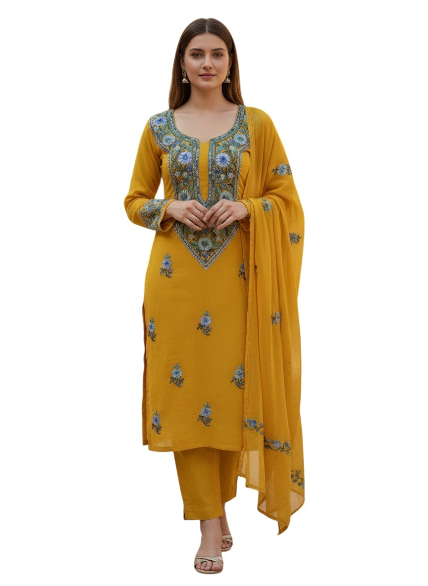 Kashmiri Georgette Suits For Women With Embroidered Dupatta - Mustard
