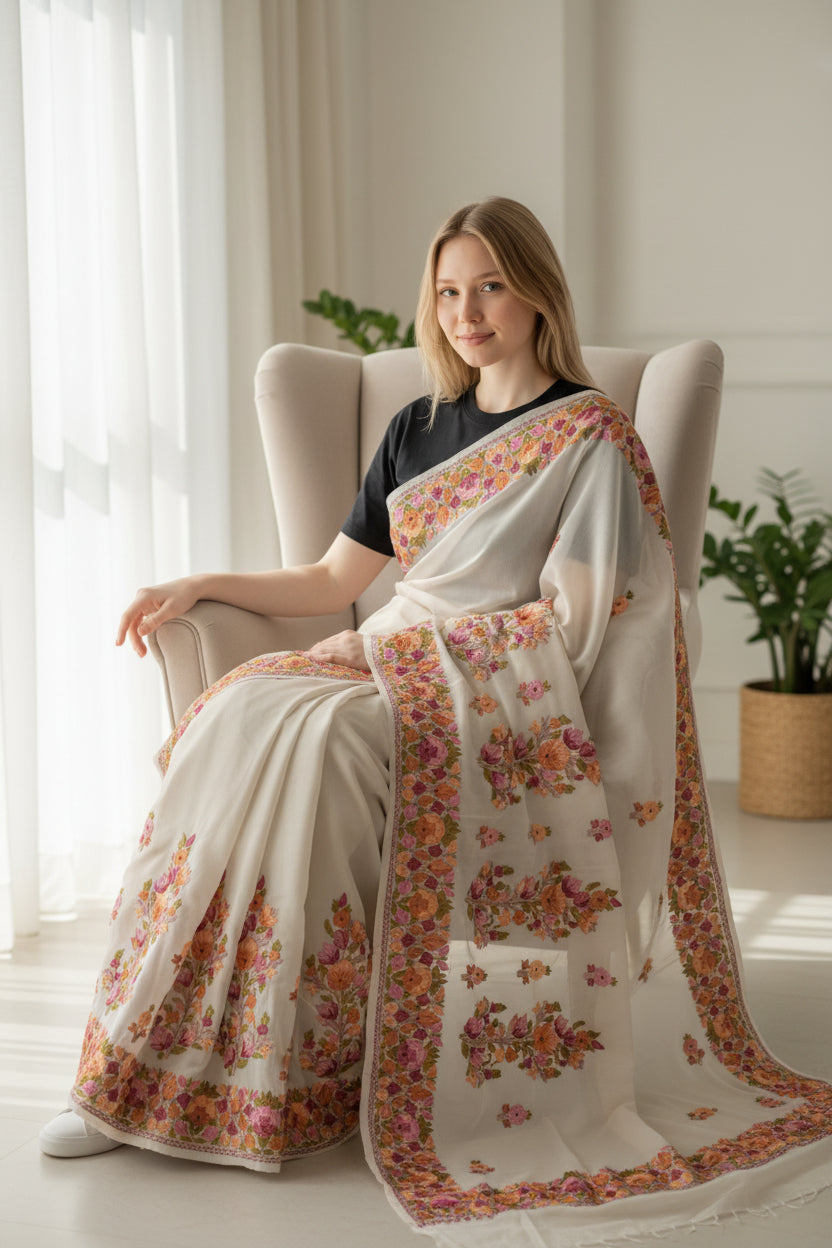 Women's Georgette Sarees Embroidered with Kashmiri Aari work - Beige