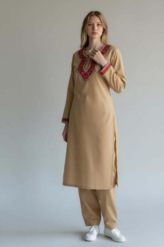 Women Cotton Suits with Kashmiri Hand Sozni Embroidery Two Piece Suit - Beige