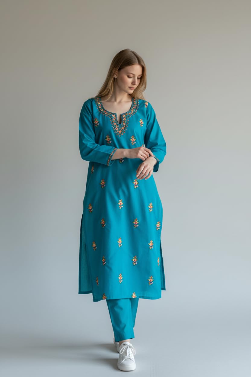 Women Cotton Suits with Kashmiri Hand Sozni Embroidery Two Piece Suit - Blue