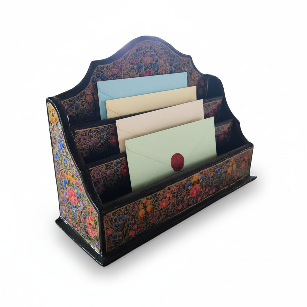 Kashmir Gallery - Paper Mache Letter Rack Painted with Embroidery- Blue