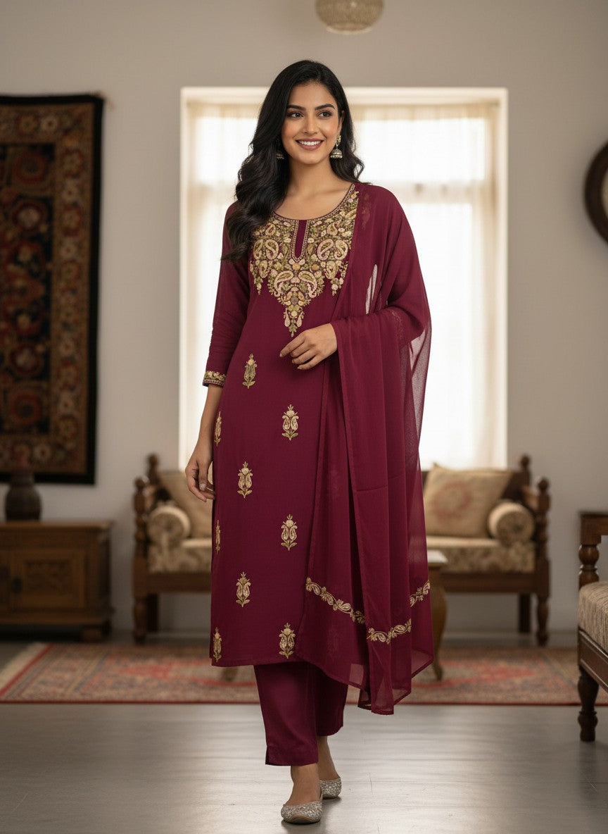 Kashmiri Georgette Suits For Women With Embroidered Dupatta - Maroon