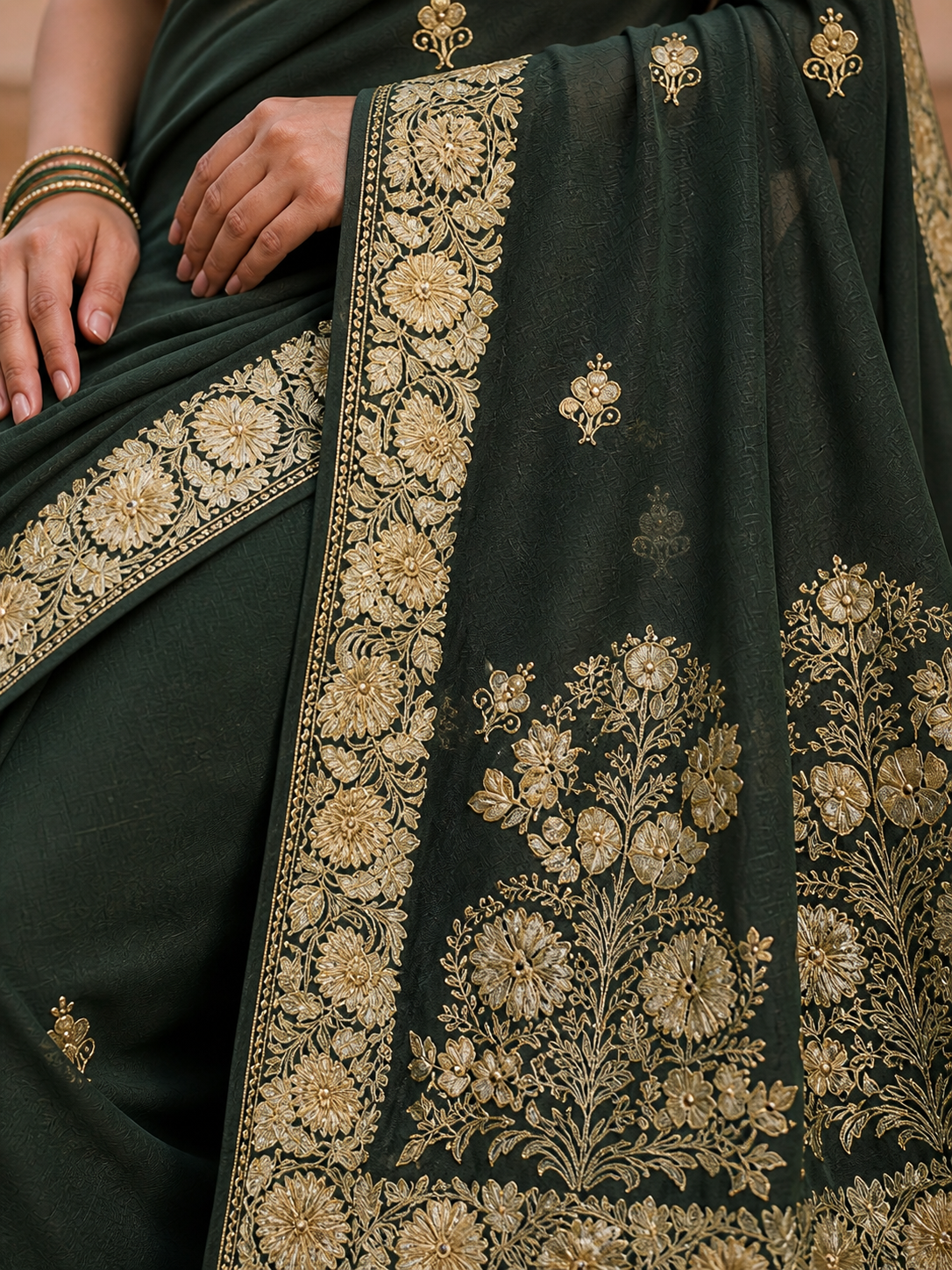 Women's Sarees with Kashmiri Aari Embroidery | Silk Saree with Unstitched Blouse Pieces. - Green