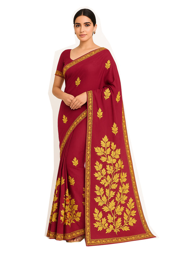 Women's Silk Sarees Embroidered with Kashmiri Aari work | Stylish Saree with Unstitched Blouse Pieces. (Maroon-4)