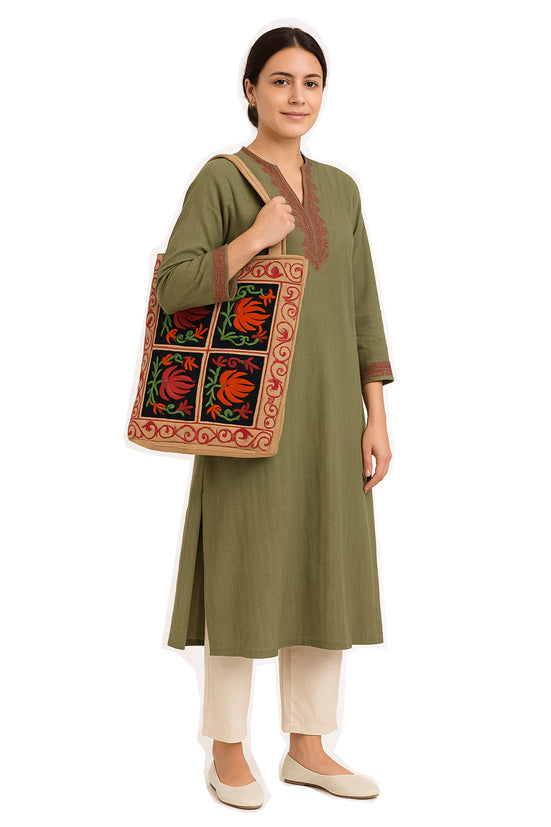 Women Leather Bag With Strap With Gorgeous Kashmiri Embroidery