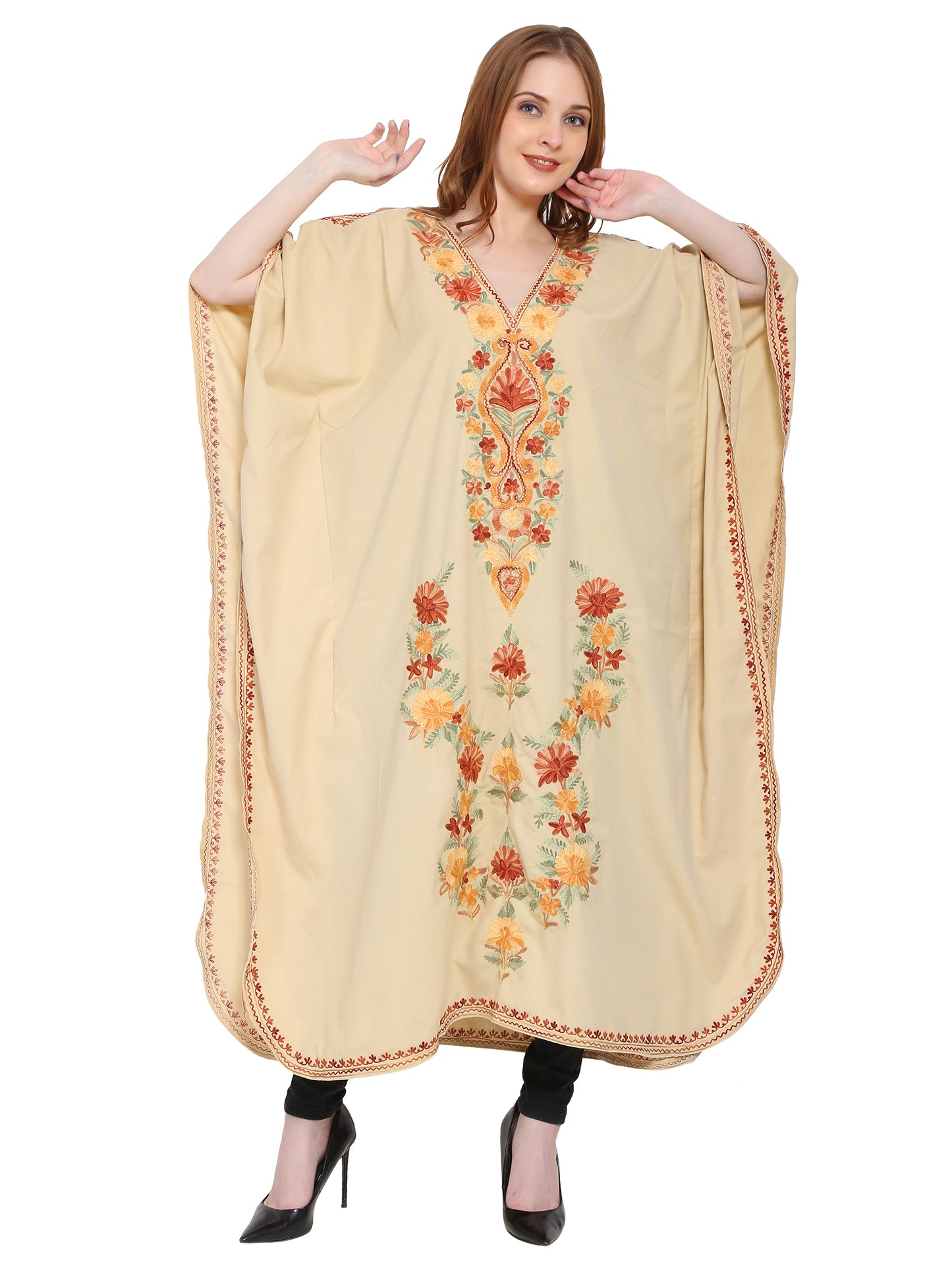 Kashmir Gallery Women Kashmiri Kaftan Nightgown Maxi with Kashmiri Charming Embroidery Free Size