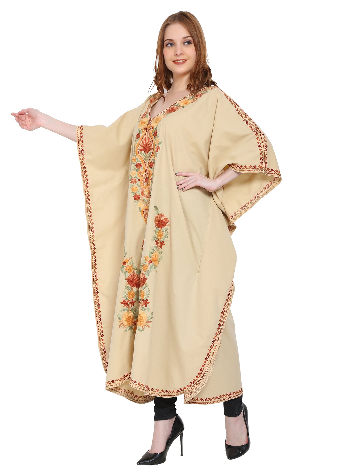 Kashmir Gallery Women Kashmiri Kaftan Nightgown Maxi with Kashmiri Charming Embroidery Free Size