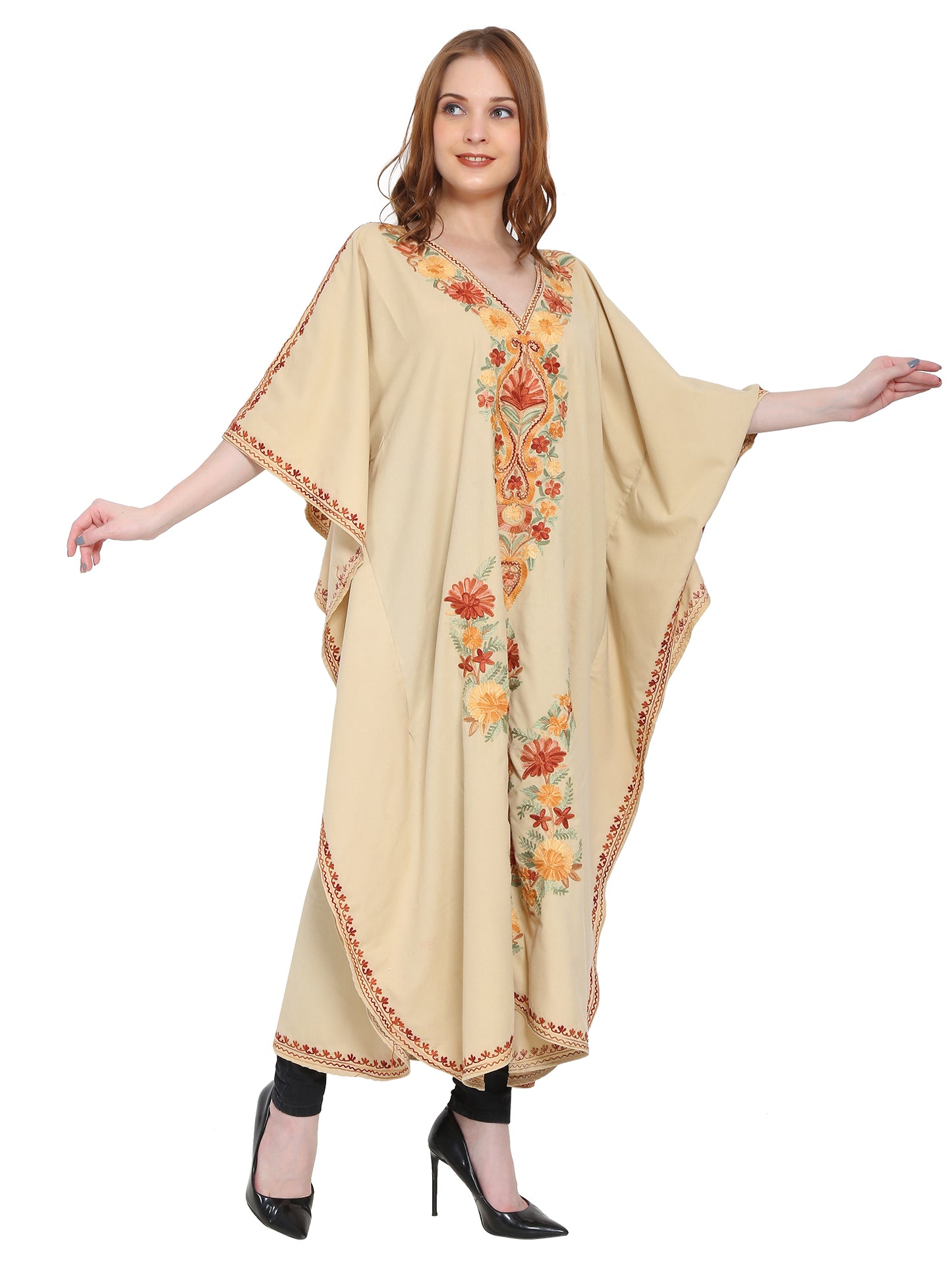 Kashmir Gallery Women Kashmiri Kaftan Nightgown Maxi with Kashmiri Charming Embroidery Free Size