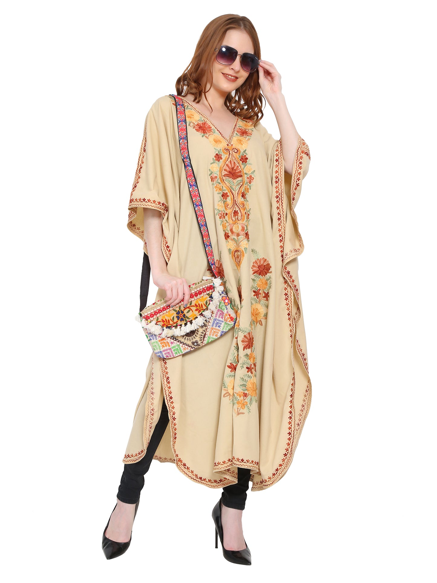 Kashmir Gallery Women Kashmiri Kaftan Nightgown Maxi with Kashmiri Charming Embroidery Free Size