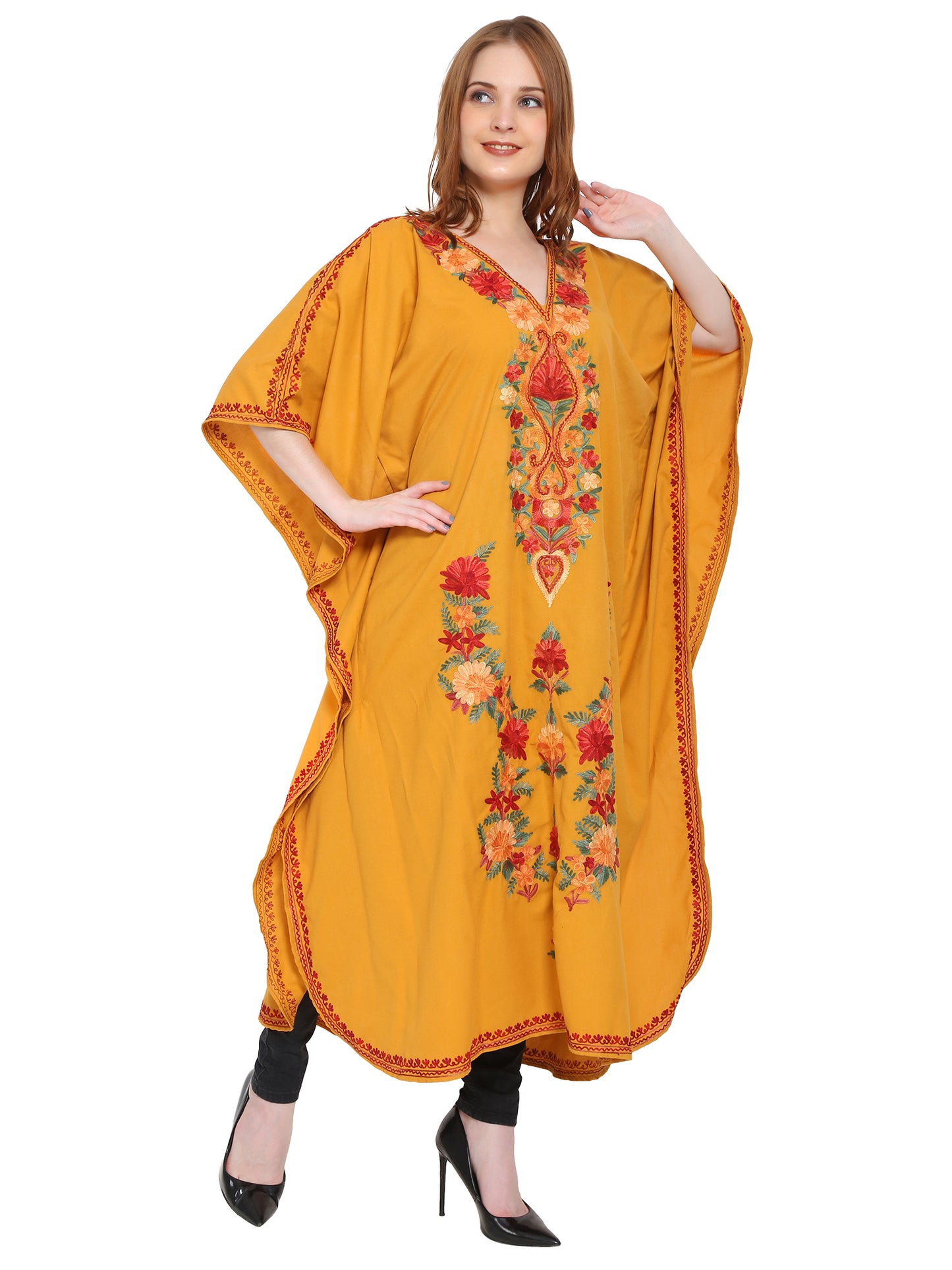 Kashmir Gallery Women Kashmiri Kaftan Nightgown Maxi with Kashmiri Charming Embroidery Free Size