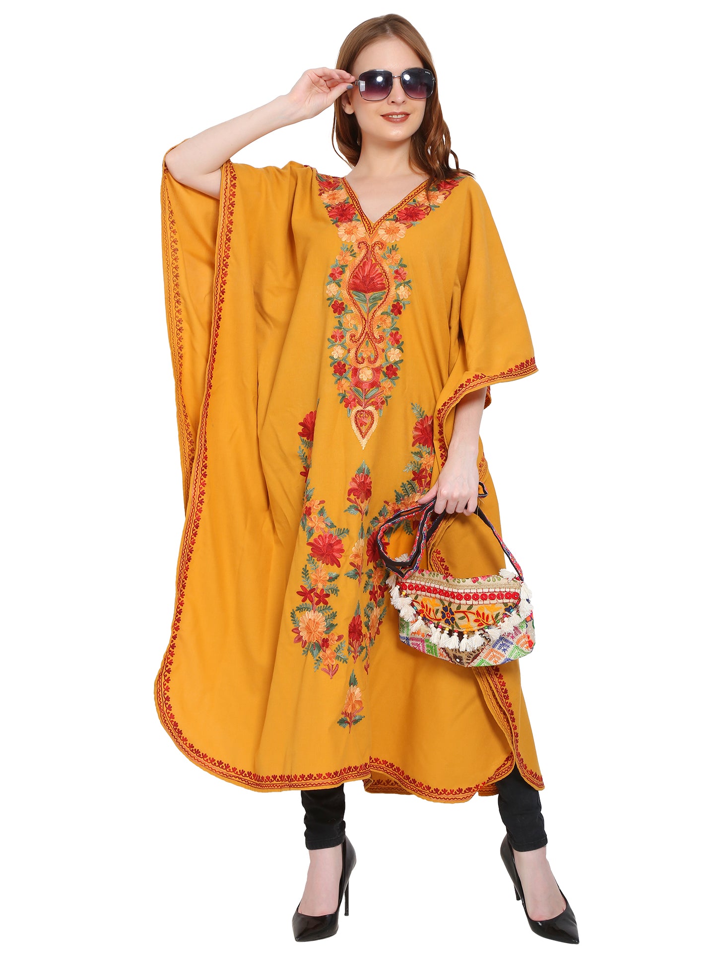 Kashmir Gallery Women Kashmiri Kaftan Nightgown Maxi with Kashmiri Charming Embroidery Free Size