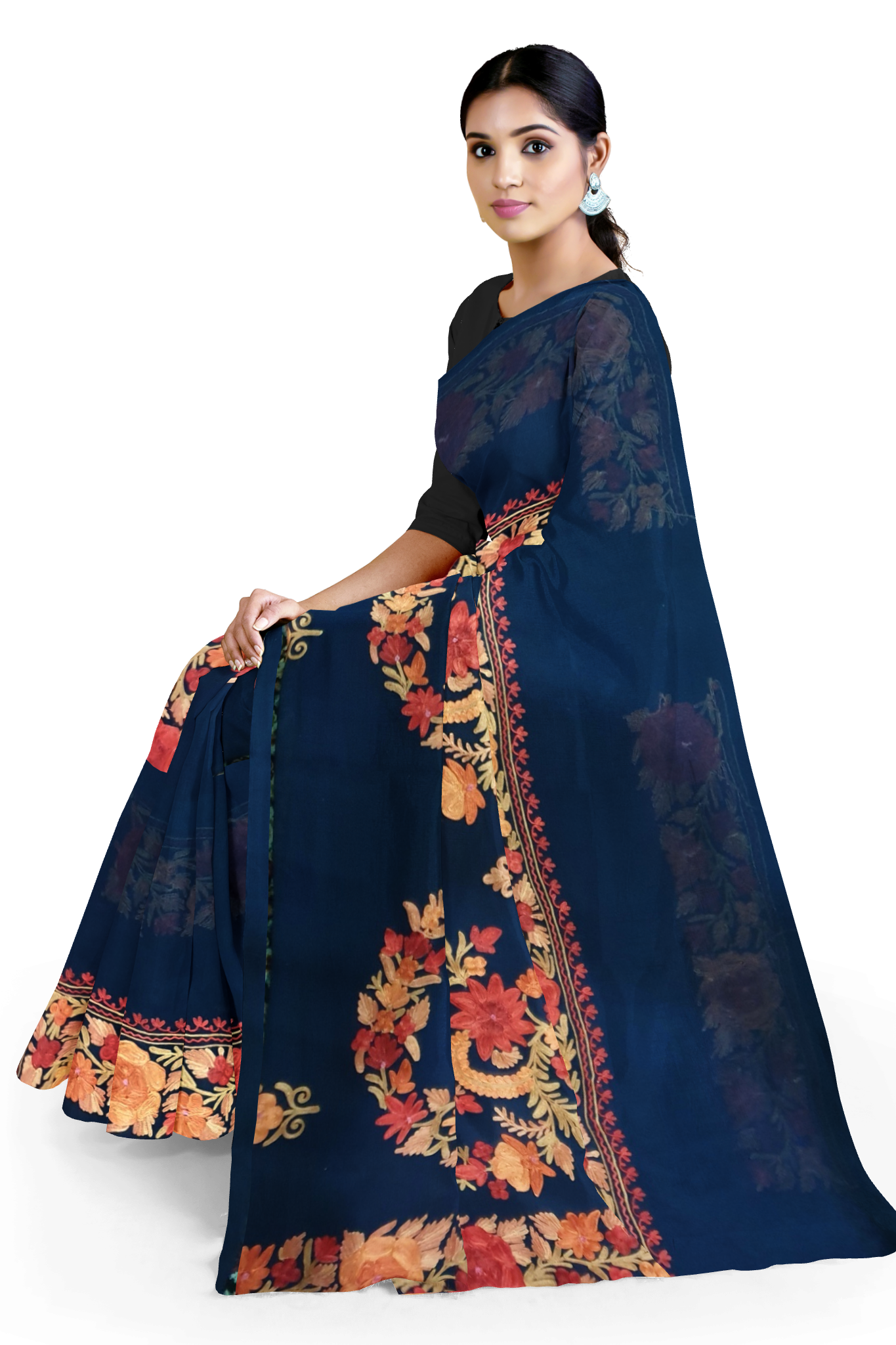 Women's georgette Sarees Embroidered with Kashmiri Aari work | Stylish Saree with Unstitched Blouse Pieces. (Geogrette_Blue-4)