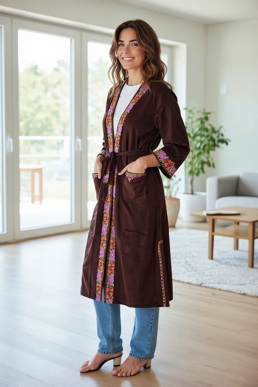 Women Woolen Nightgown Dressing Gown Maxi with Kashmiri Embroidery Free Size (Pure Wool, Brown)